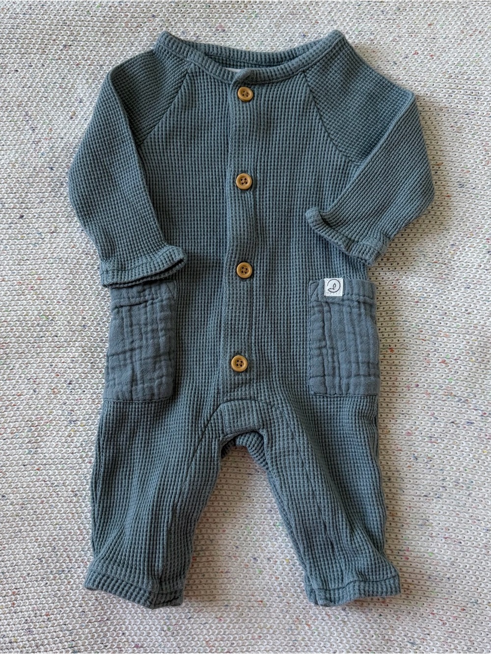 Waffle-Knit Slate Blue Baby One-Piece with Wooden Buttons